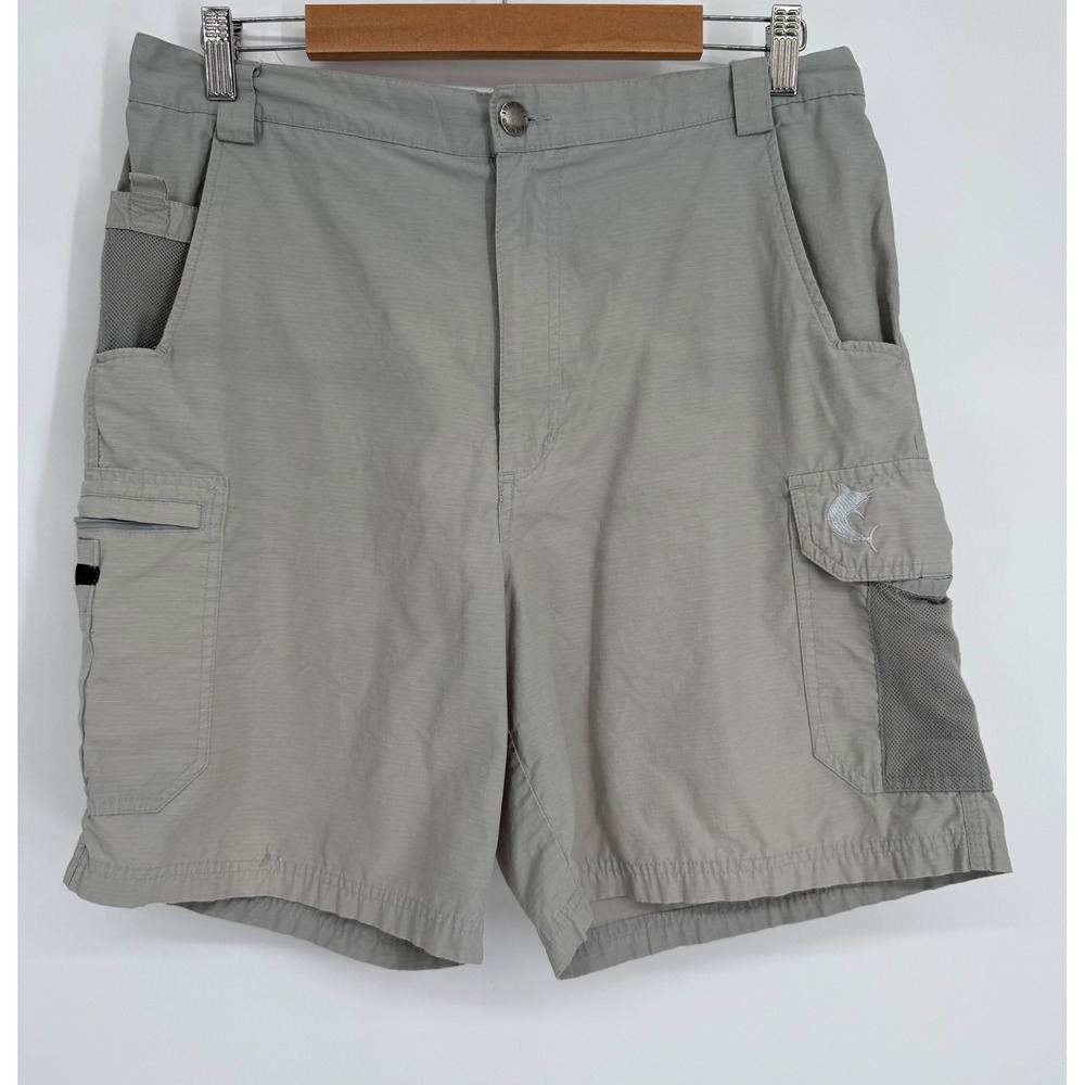 Reel Legends Mens Gray Cargo Fishing Shorts Marlin Logo Sz‎ M